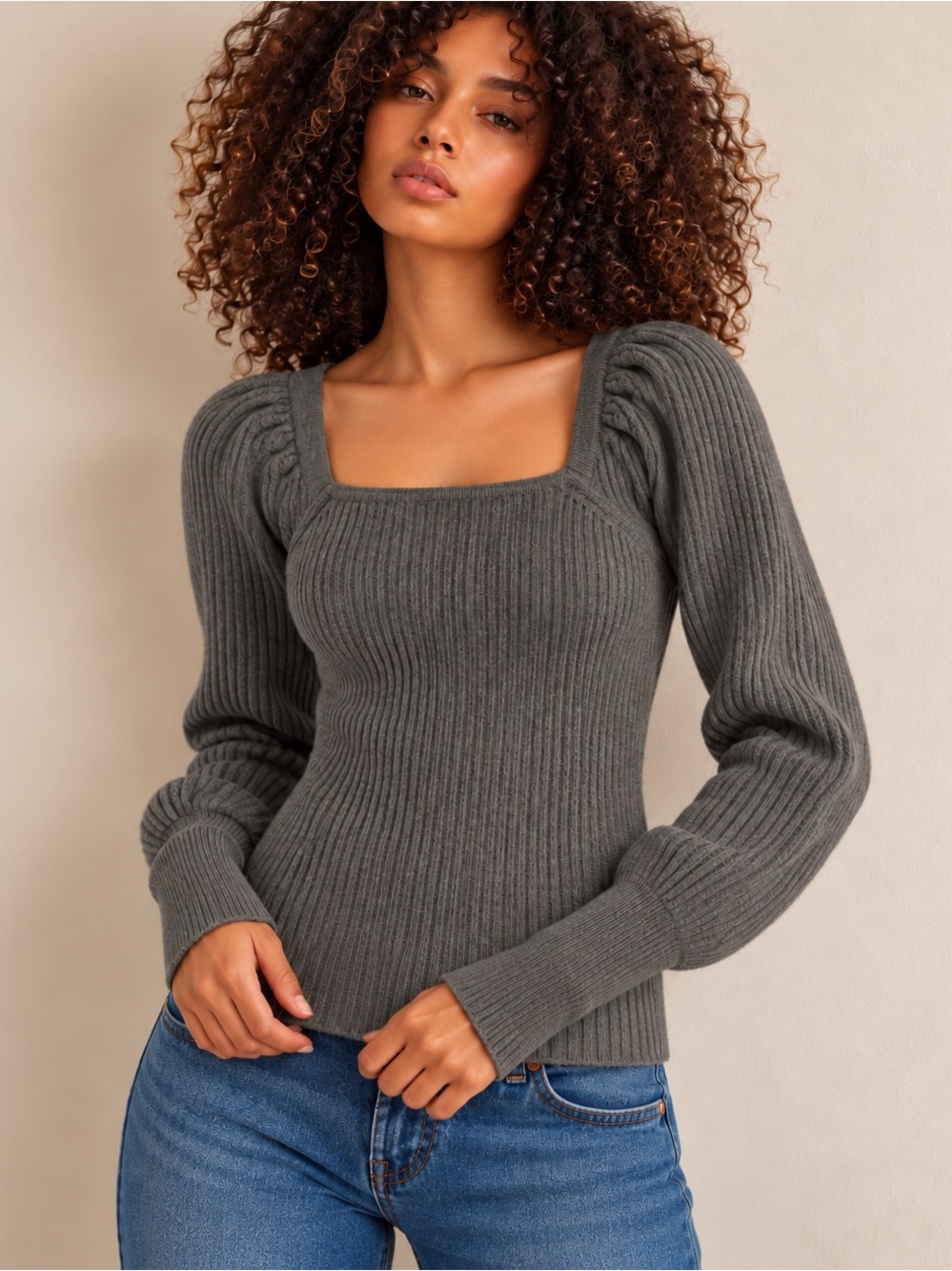 VENUS Women’s Ribbed Knit Square Neck Puff Sleeve Sweater Gray Size L